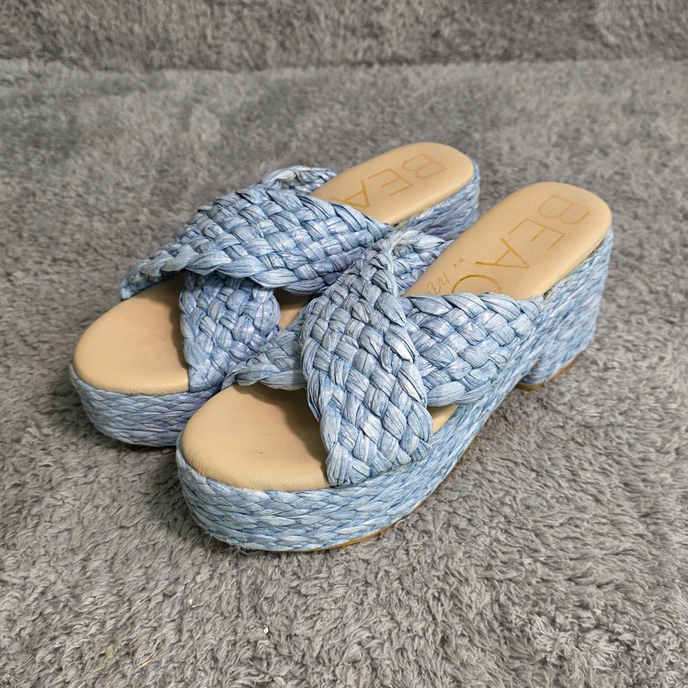 Beach by Matisse Platform Sandals Blue Woven Raffia Criss Cross Womens 7 Good